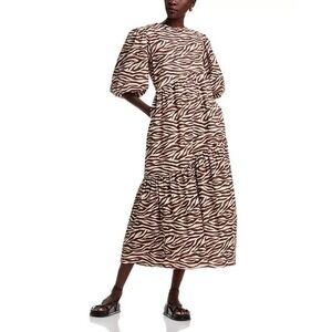 The Lulo Project Armenia Dress Brown Zebra Cotton Puff Sleeve Midi size large
